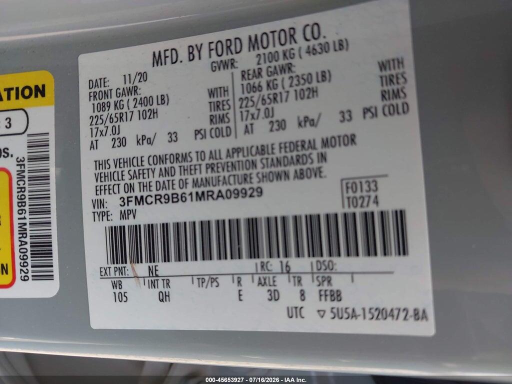 3FMCR9B61MRA09929 2021 FORD BRONCO SPORT photo no. 9