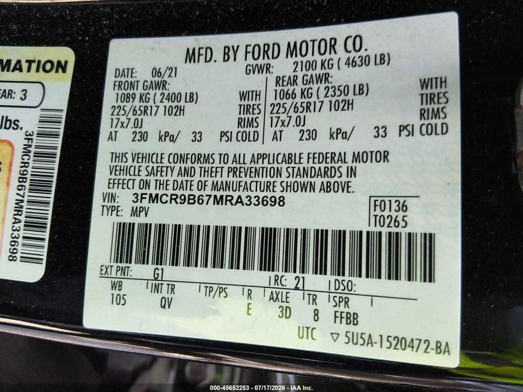 3FMCR9B67MRA33698 2021 FORD BRONCO SPORT photo no. 9