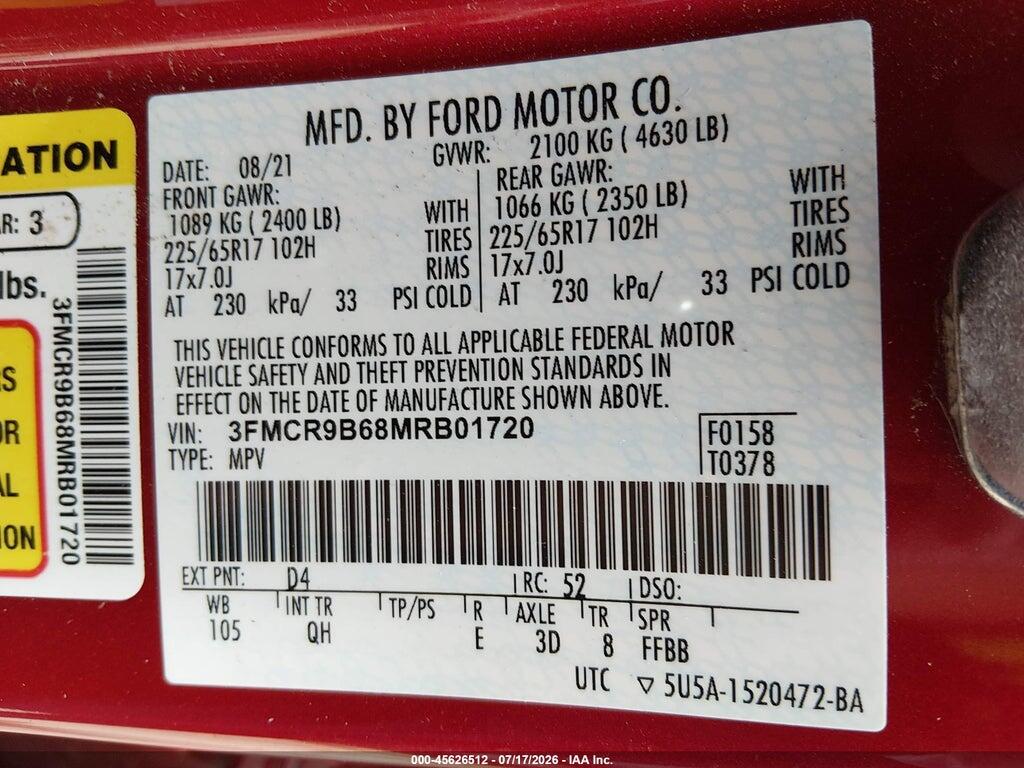 3FMCR9B68MRB01720 2021 FORD BRONCO SPORT photo no. 9