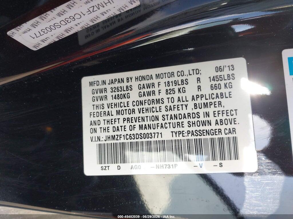 JHMZF1C63DS003771 2013 HONDA CR-Z photo no. 9