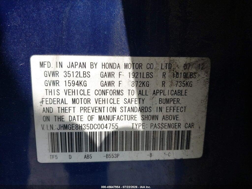 JHMGE8H35DC004755 2013 HONDA FIT photo no. 9