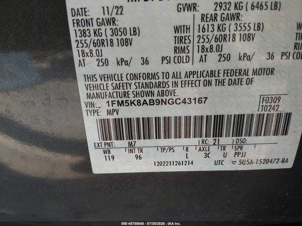 1FM5K8AB9NGC43167 2022 FORD POLICE INTERCEPTOR UTILITY photo no. 9