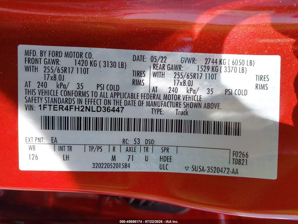 1FTER4FH2NLD36447 2022 FORD RANGER photo no. 9