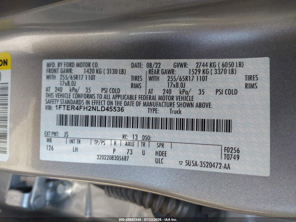 1FTER4FH2NLD45536 2022 FORD RANGER photo no. 9