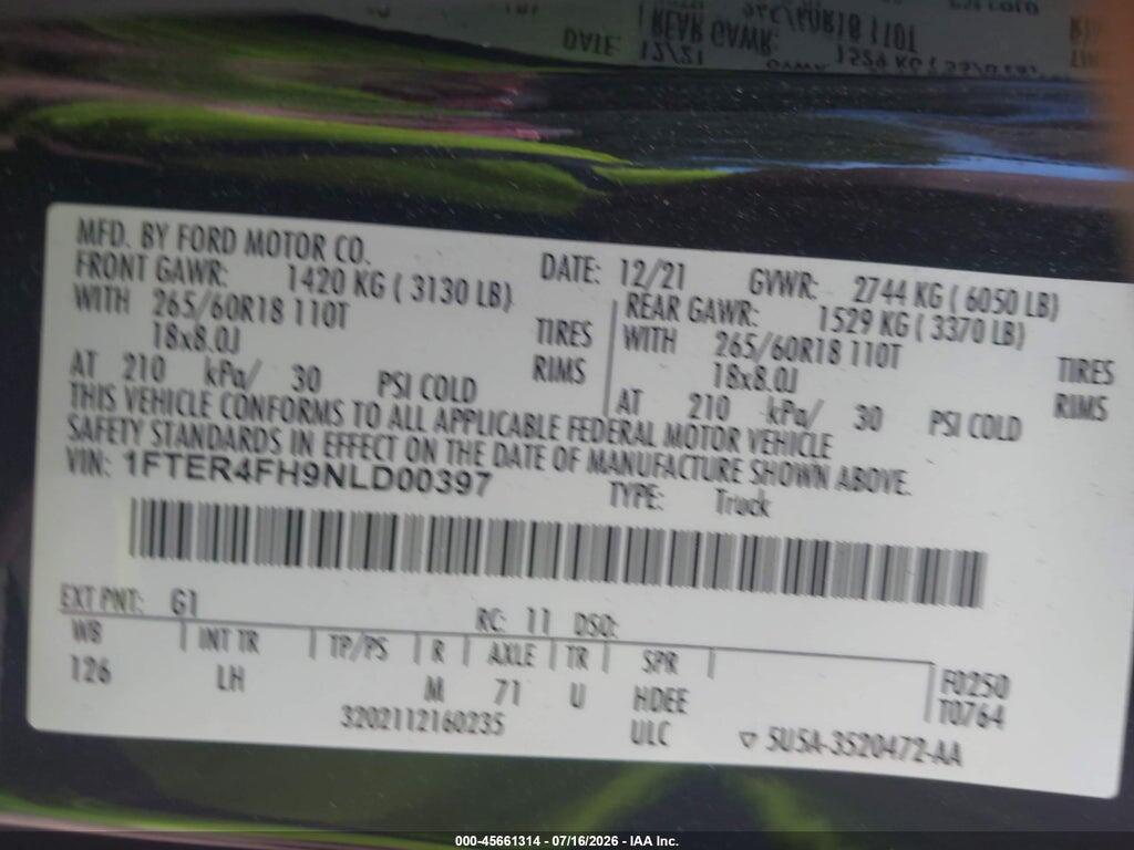 1FTER4FH9NLD00397 2022 FORD RANGER photo no. 9
