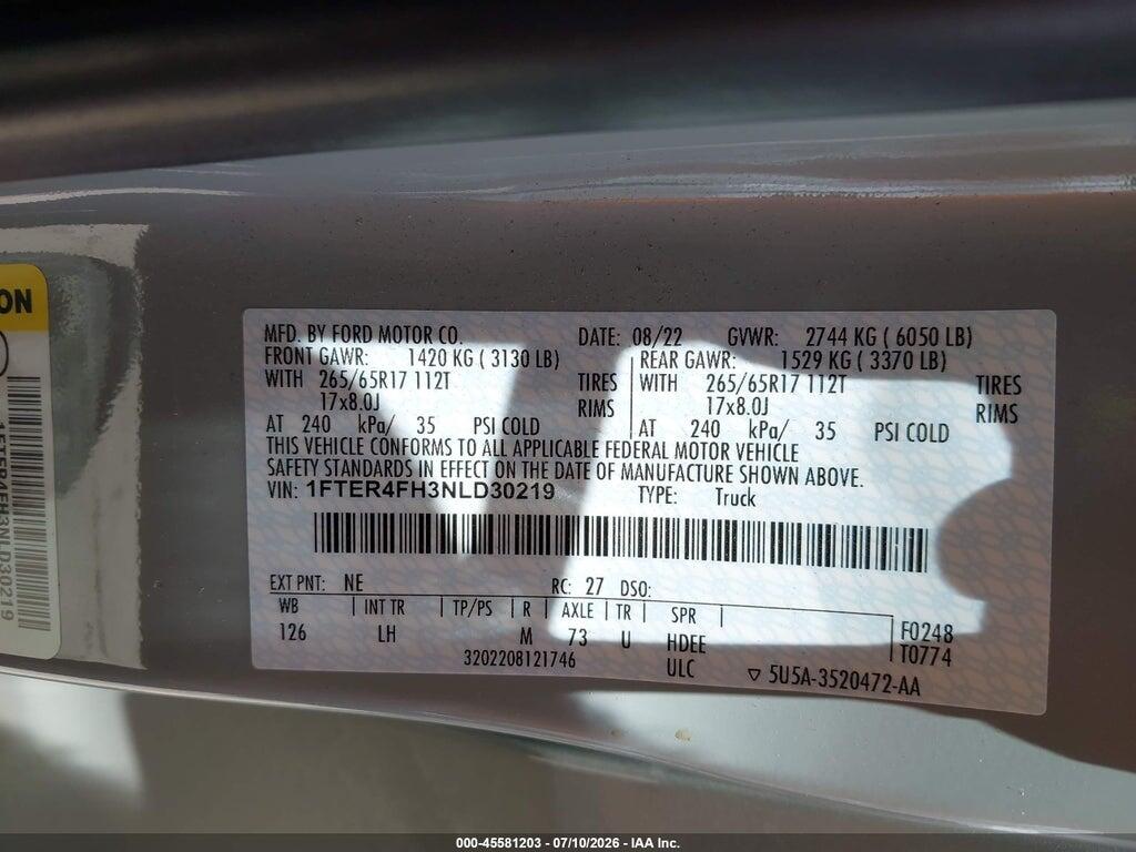 1FTER4FH3NLD30219 2022 FORD RANGER photo no. 9