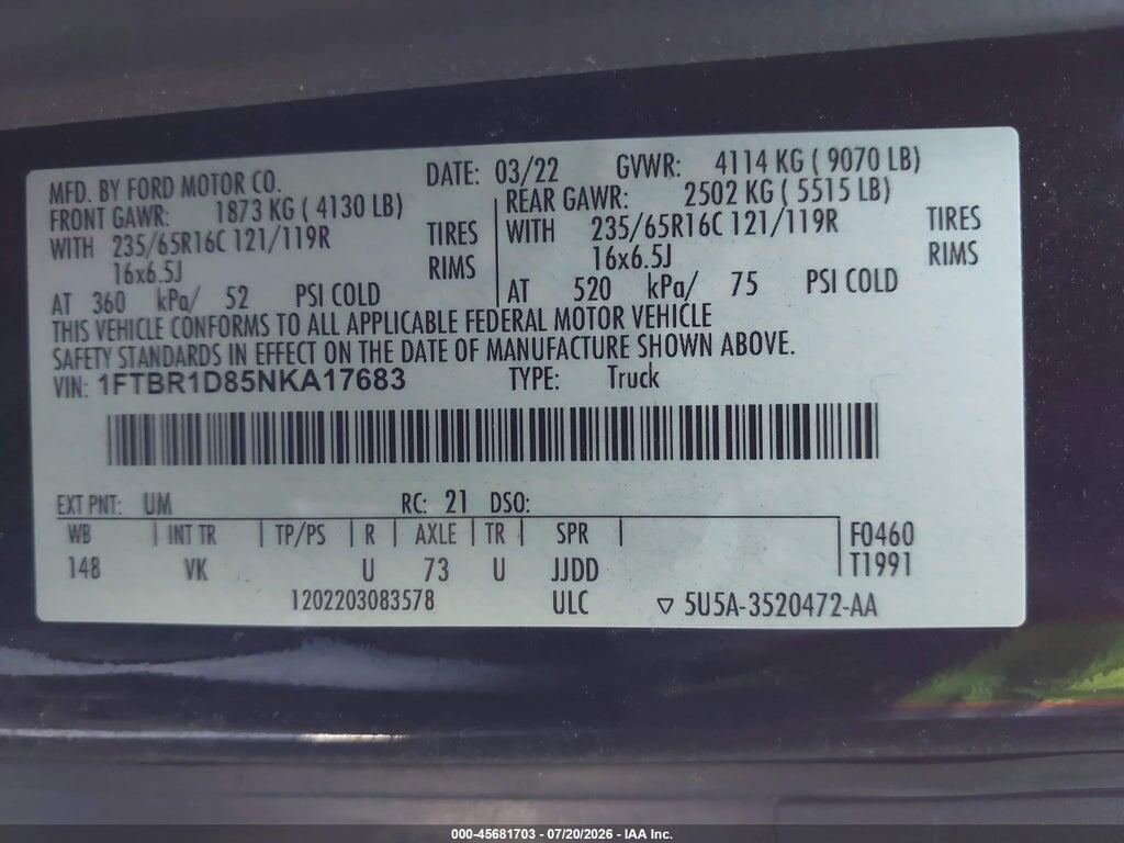 1FTBR1D85NKA17683 2022 FORD TRANSIT-250 photo no. 9