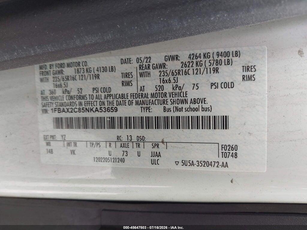 1FBAX2C85NKA53659 2022 FORD TRANSIT-350 PASSENGER VAN photo no. 9