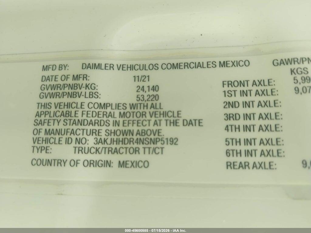 3AKJHHDR4NSNP5192 2022 FREIGHTLINER NEW CASCADIA 126 photo no. 9