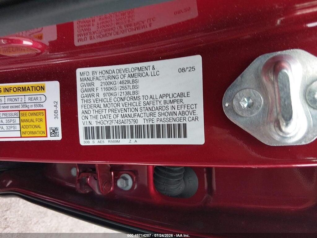 1HGCY2F74SA075790 2025 HONDA ACCORD HYBRID photo no. 9
