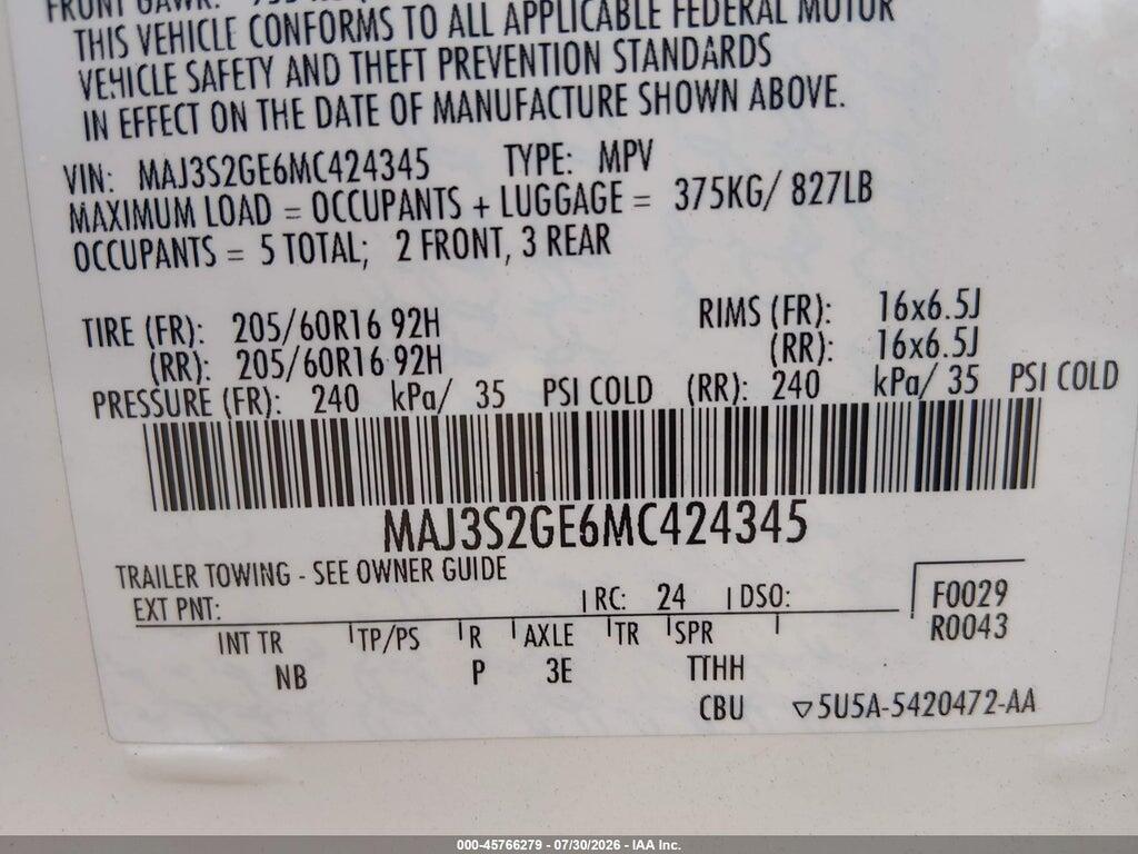 MAJ3S2GE6MC424345 2021 FORD ECOSPORT photo no. 9