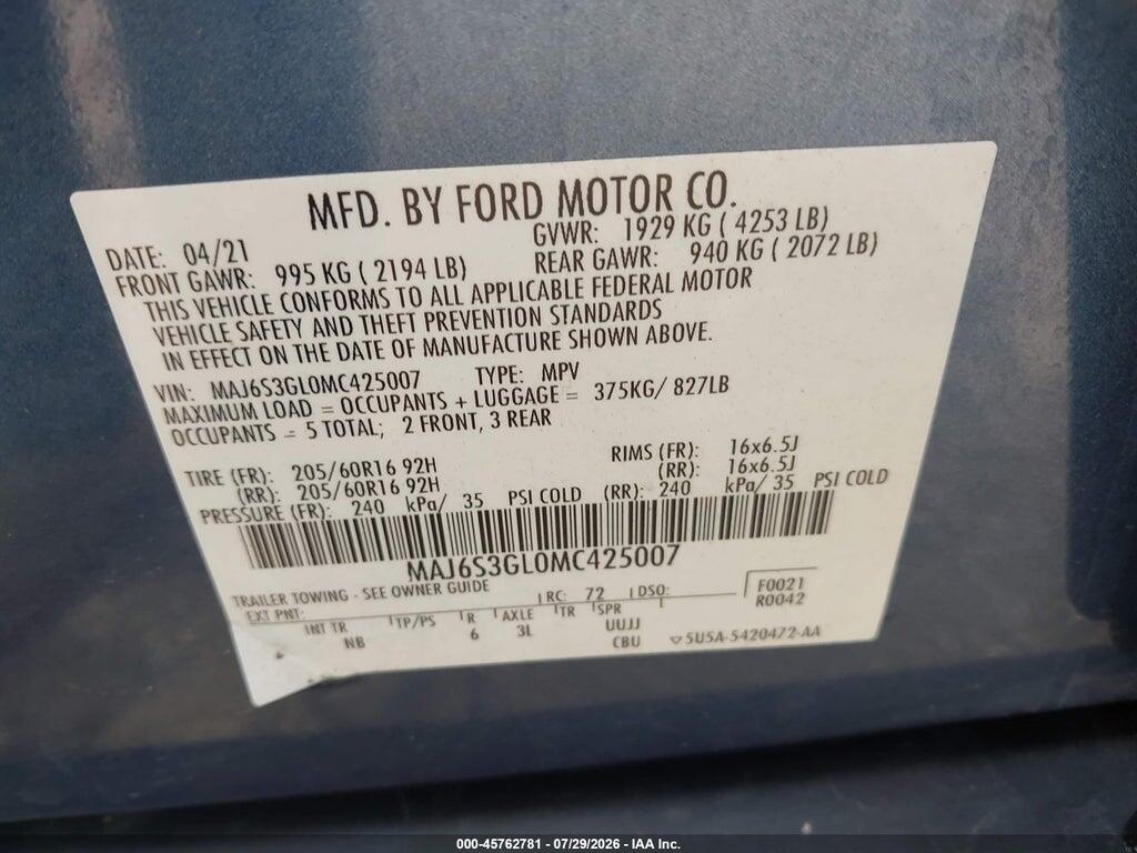 MAJ6S3GL0MC425007 2021 FORD ECOSPORT photo no. 9