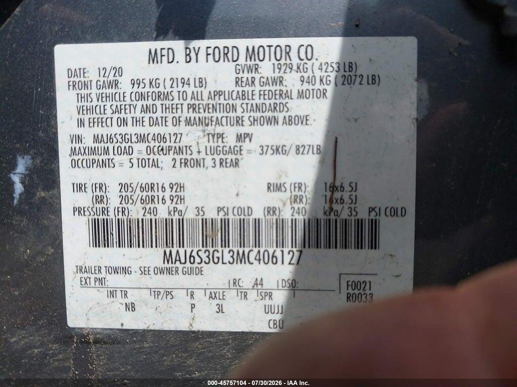 MAJ6S3GL3MC406127 2021 FORD ECOSPORT photo no. 9