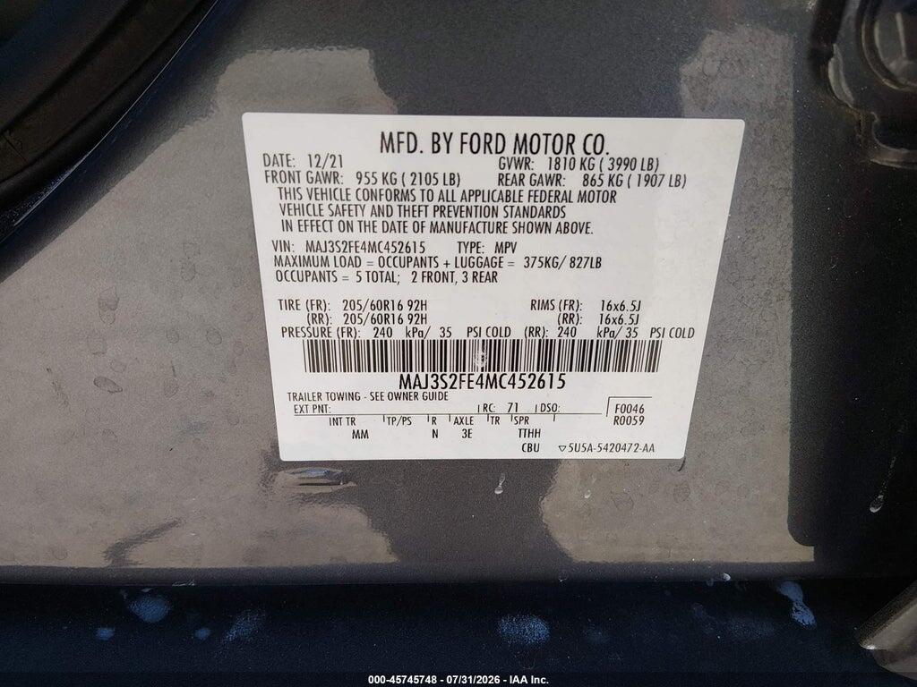 MAJ3S2FE4MC452615 2021 FORD ECOSPORT photo no. 9