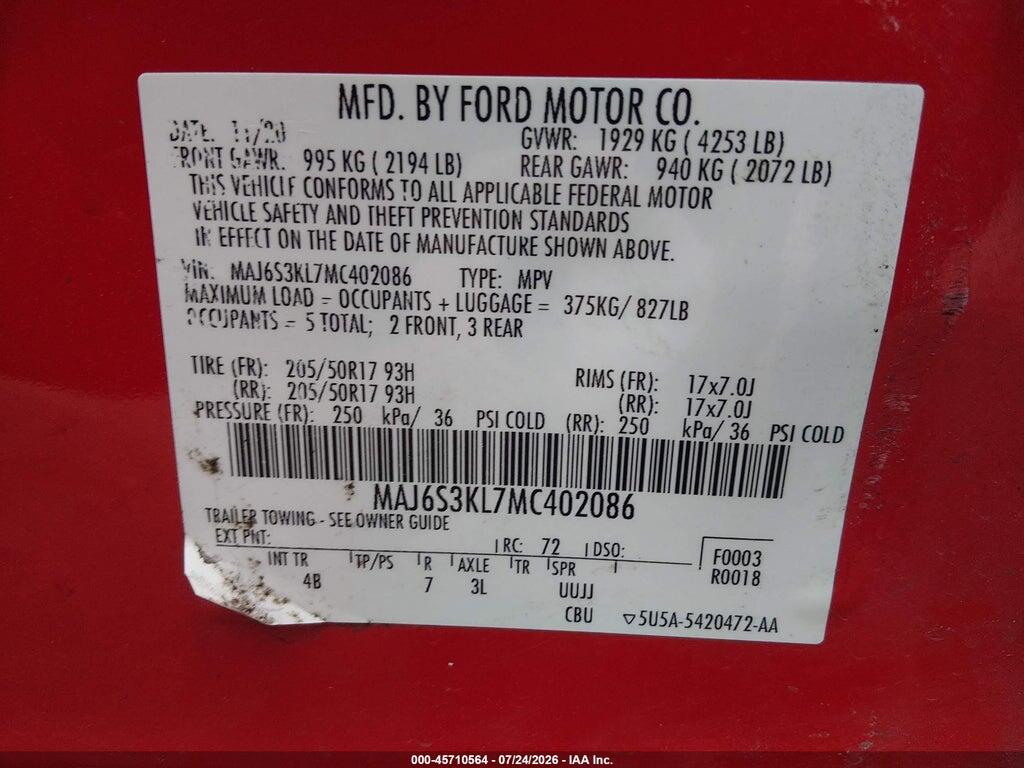 MAJ6S3KL7MC402086 2021 FORD ECOSPORT photo no. 9