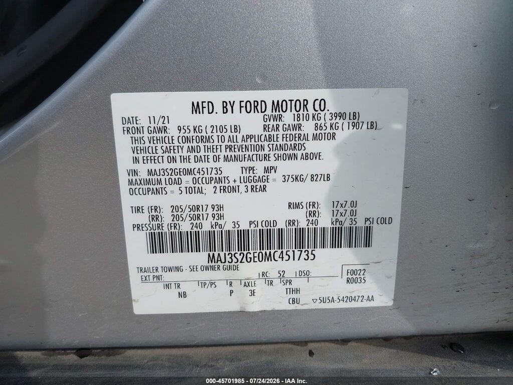 MAJ3S2GE0MC451735 2021 FORD ECOSPORT photo no. 9