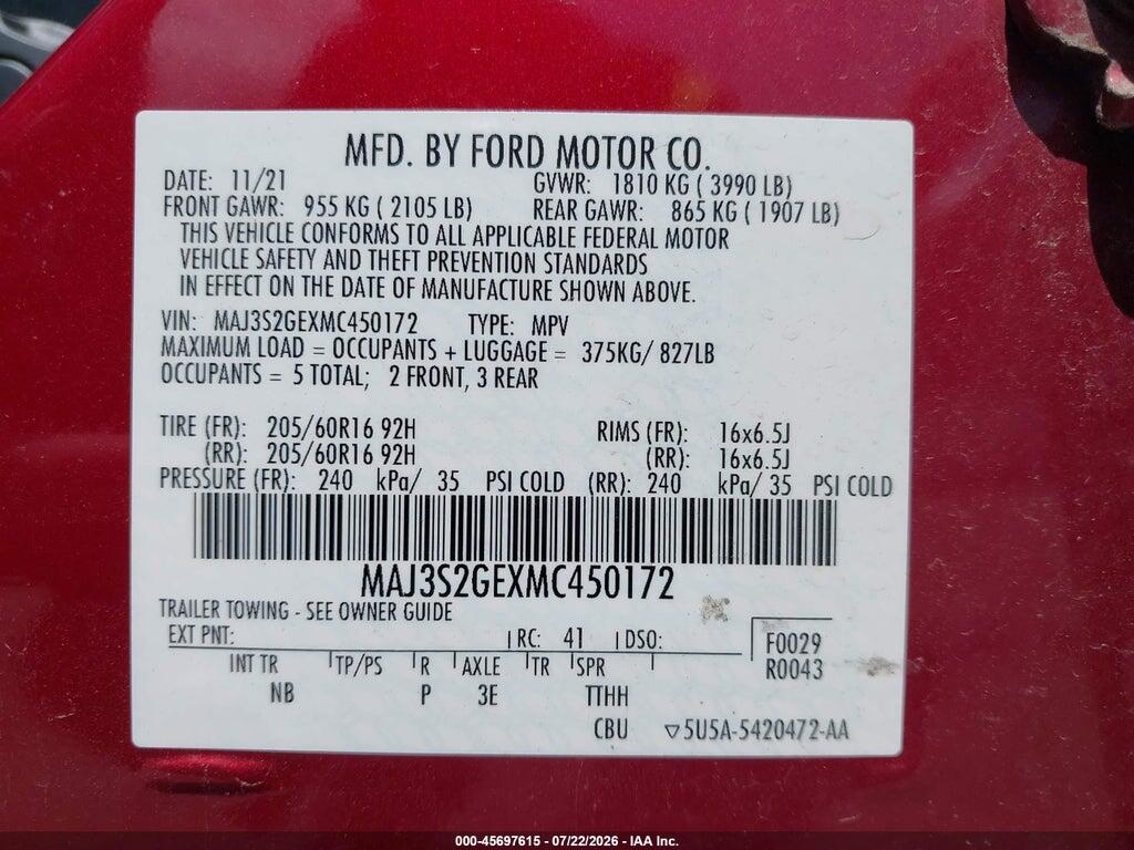 MAJ3S2GEXMC450172 2021 FORD ECOSPORT photo no. 9