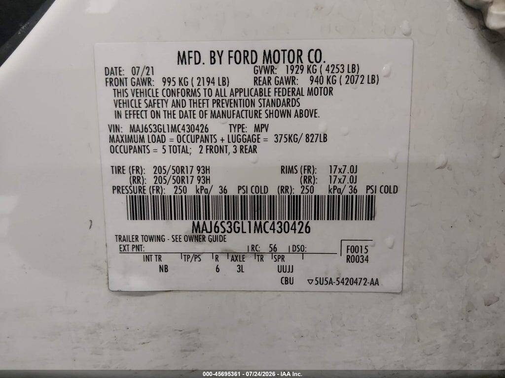 MAJ6S3GL1MC430426 2021 FORD ECOSPORT photo no. 9