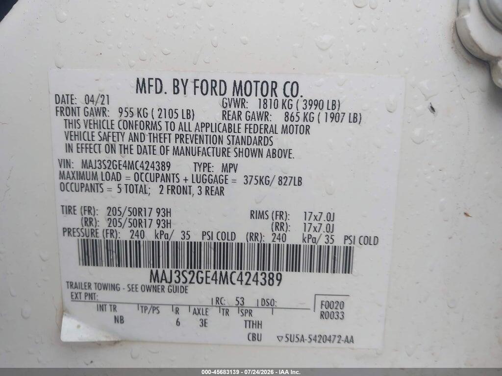 MAJ3S2GE4MC424389 2021 FORD ECOSPORT photo no. 9