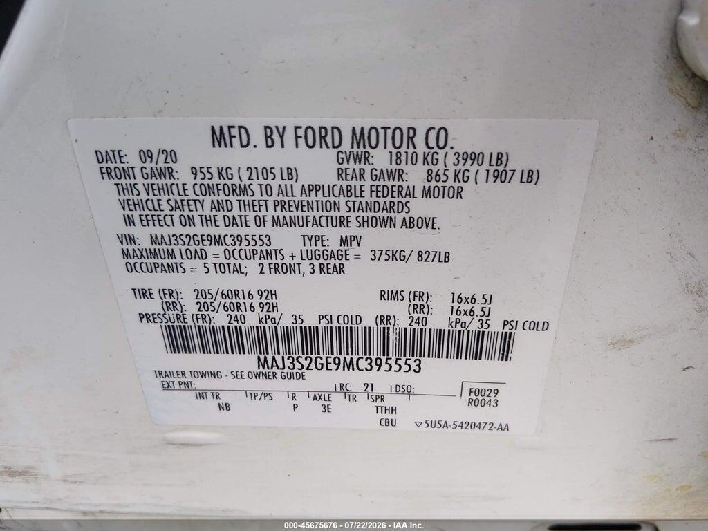 MAJ3S2GE9MC395553 2021 FORD ECOSPORT photo no. 9