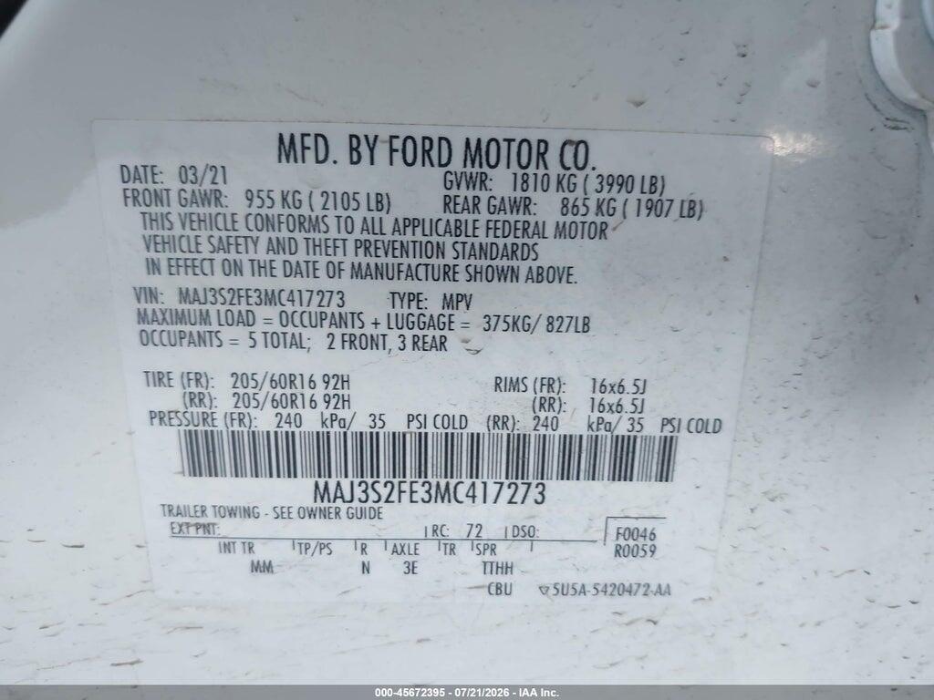 MAJ3S2FE3MC417273 2021 FORD ECOSPORT photo no. 9