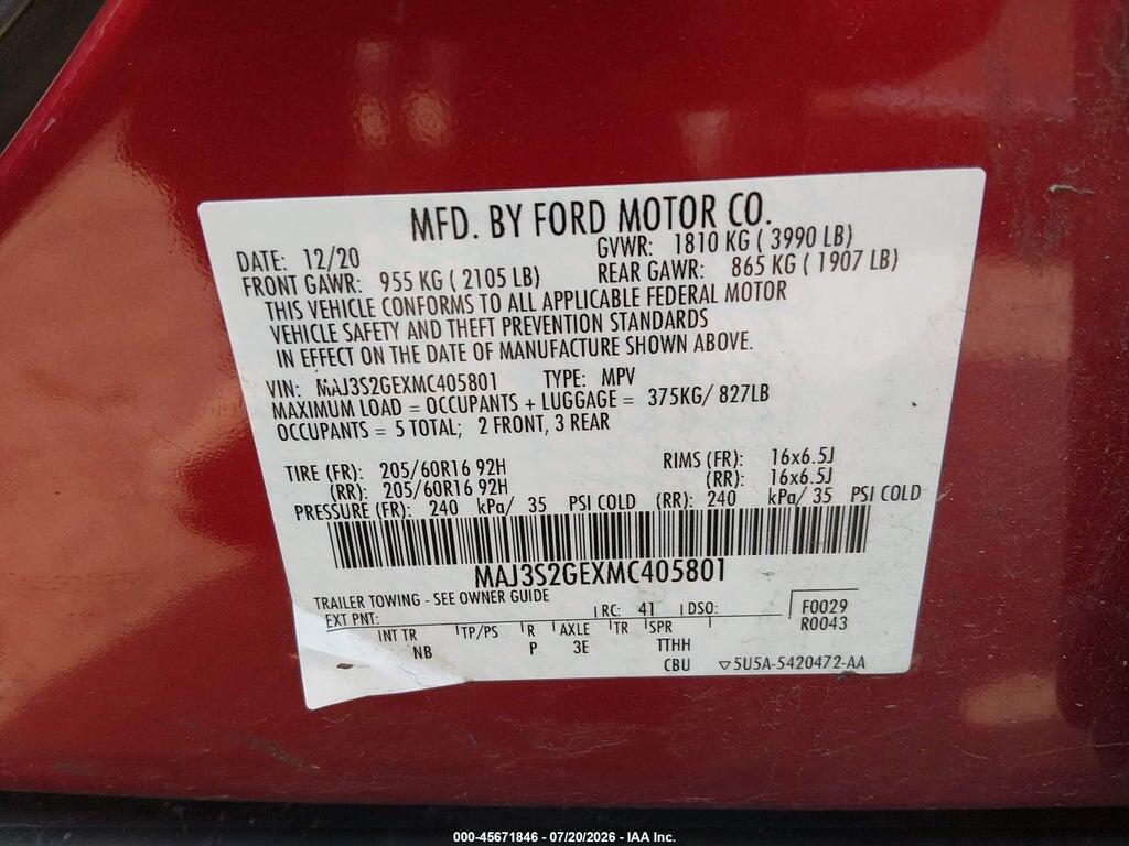 MAJ3S2GEXMC405801 2021 FORD ECOSPORT photo no. 9