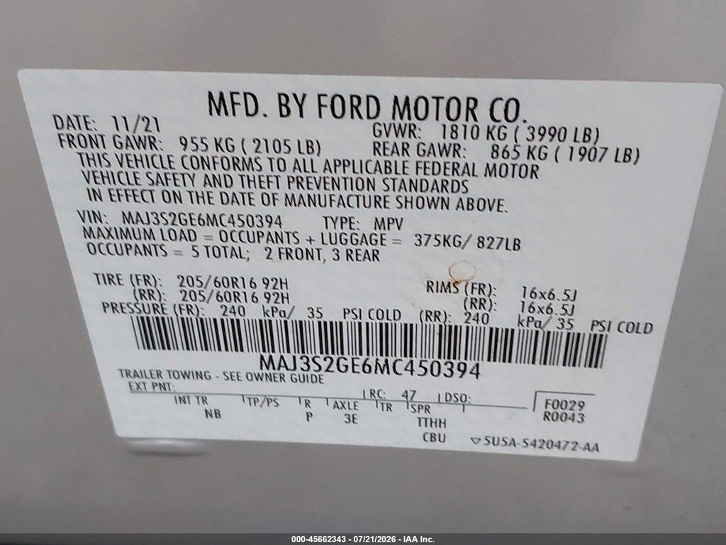MAJ3S2GE6MC450394 2021 FORD ECOSPORT photo no. 9