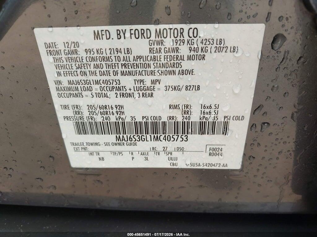 MAJ6S3GL1MC405753 2021 FORD ECOSPORT photo no. 9