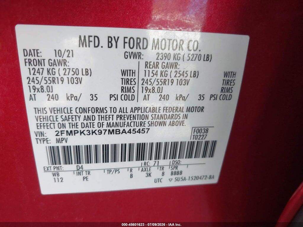 2FMPK3K97MBA45457 2021 FORD EDGE photo no. 9