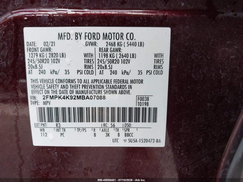 2FMPK4K92MBA07088 2021 FORD EDGE photo no. 9
