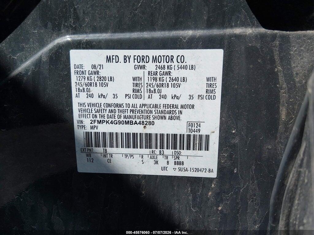 2FMPK4G90MBA48280 2021 FORD EDGE photo no. 9
