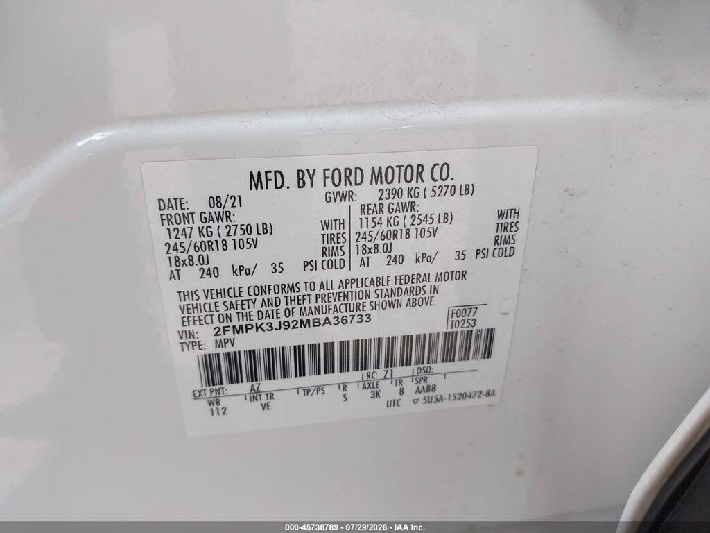 2FMPK3J92MBA36733 2021 FORD EDGE photo no. 9
