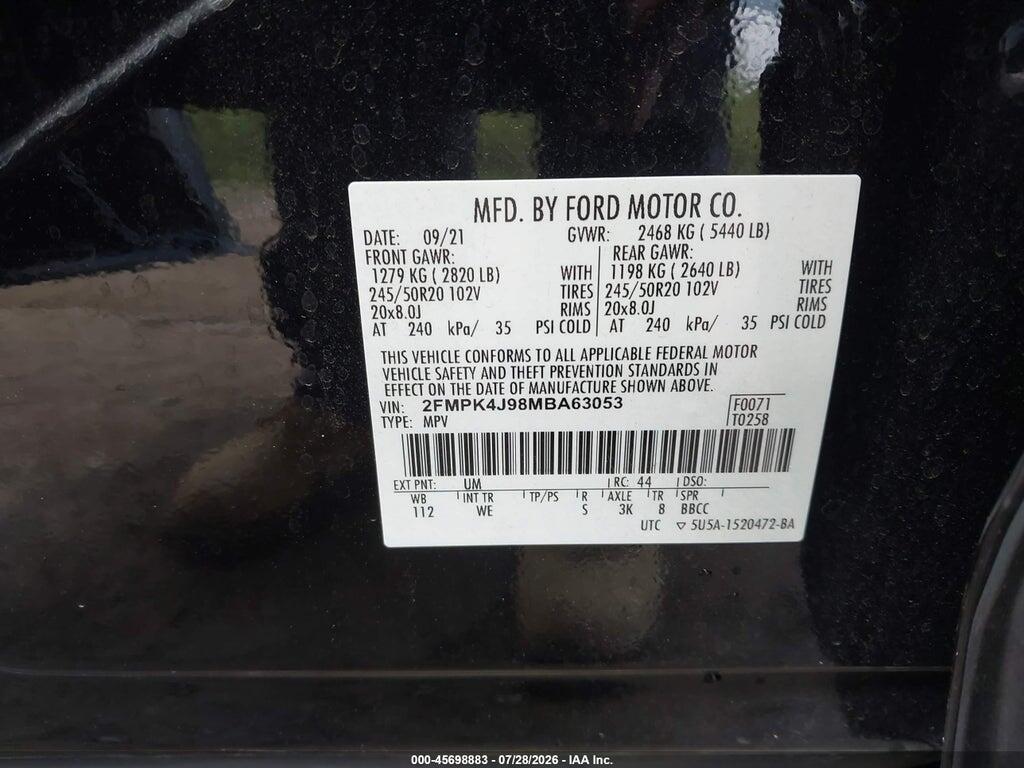 2FMPK4J98MBA63053 2021 FORD EDGE photo no. 9