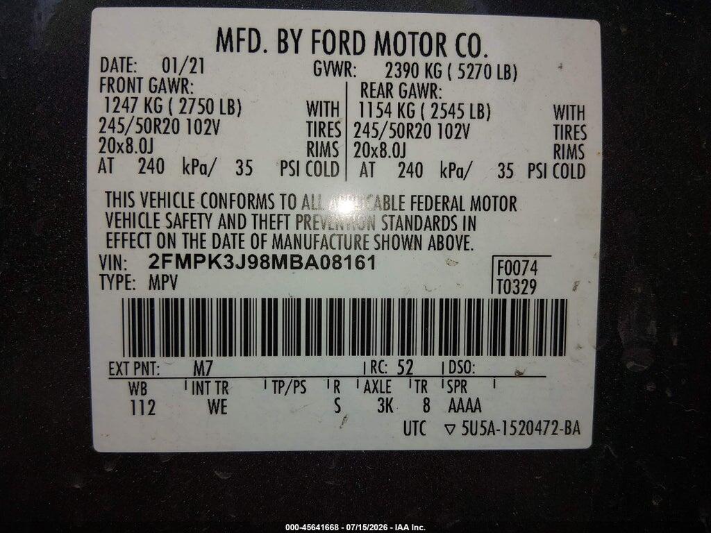 2FMPK3J98MBA08161 2021 FORD EDGE photo no. 9