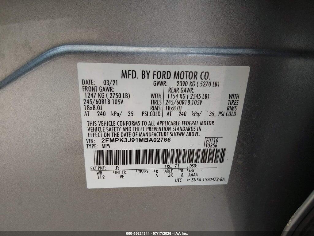 2FMPK3J91MBA02766 2021 FORD EDGE photo no. 9