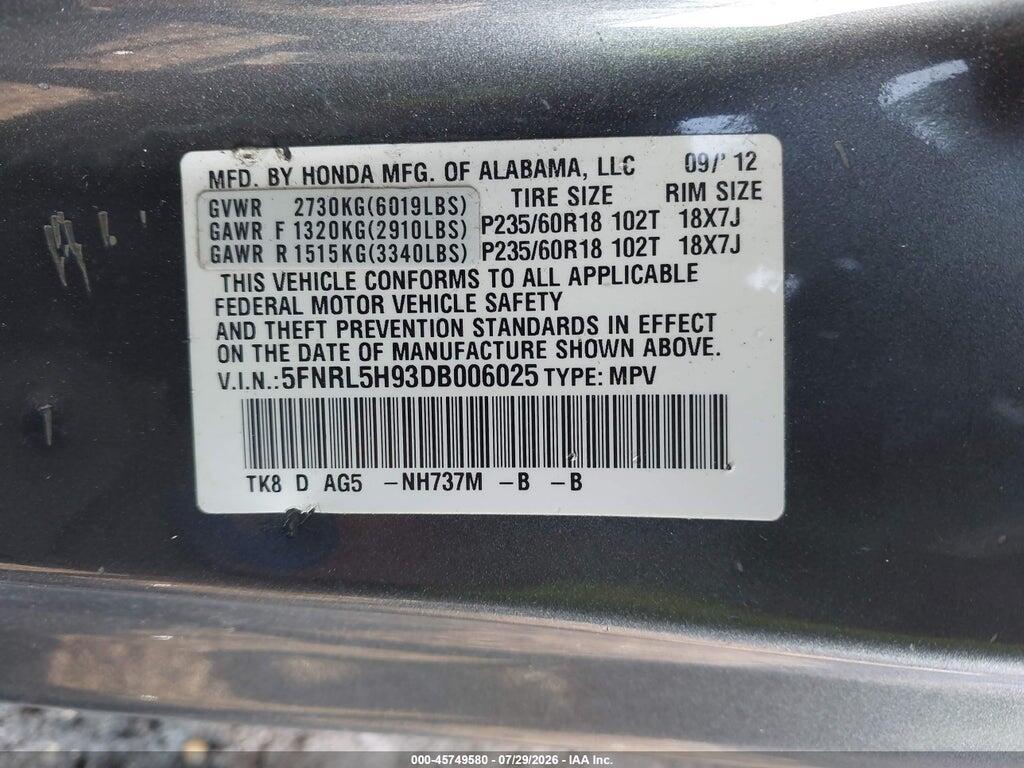 5FNRL5H93DB006025 2013 HONDA ODYSSEY photo no. 9