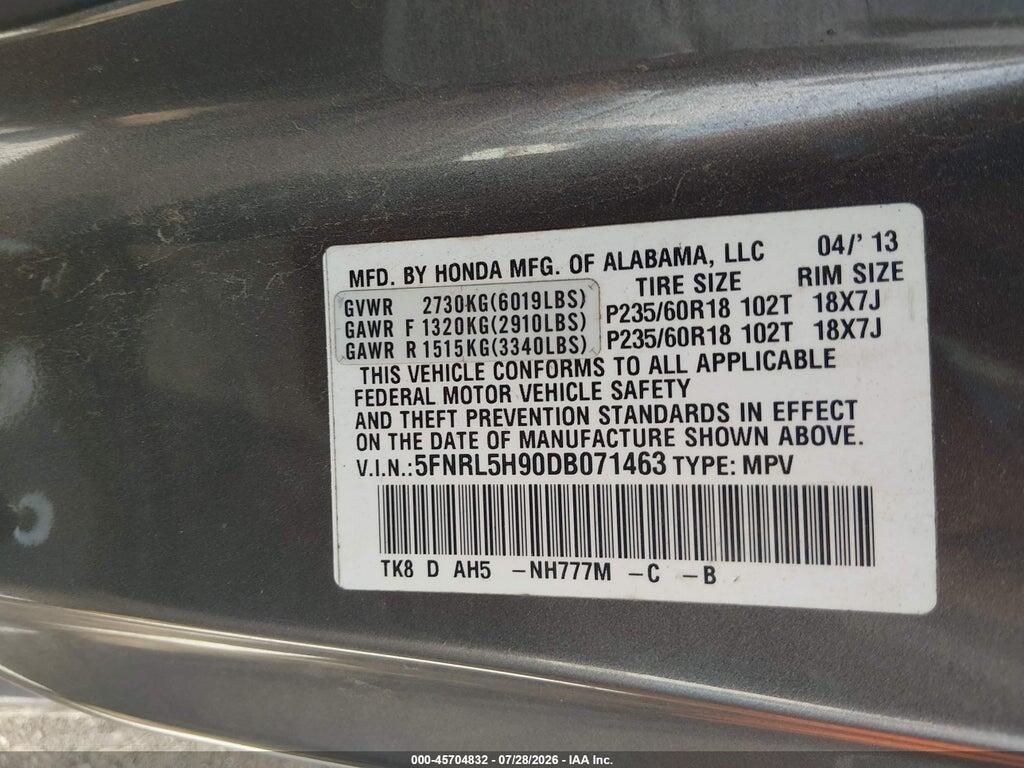 5FNRL5H90DB071463 2013 HONDA ODYSSEY photo no. 9