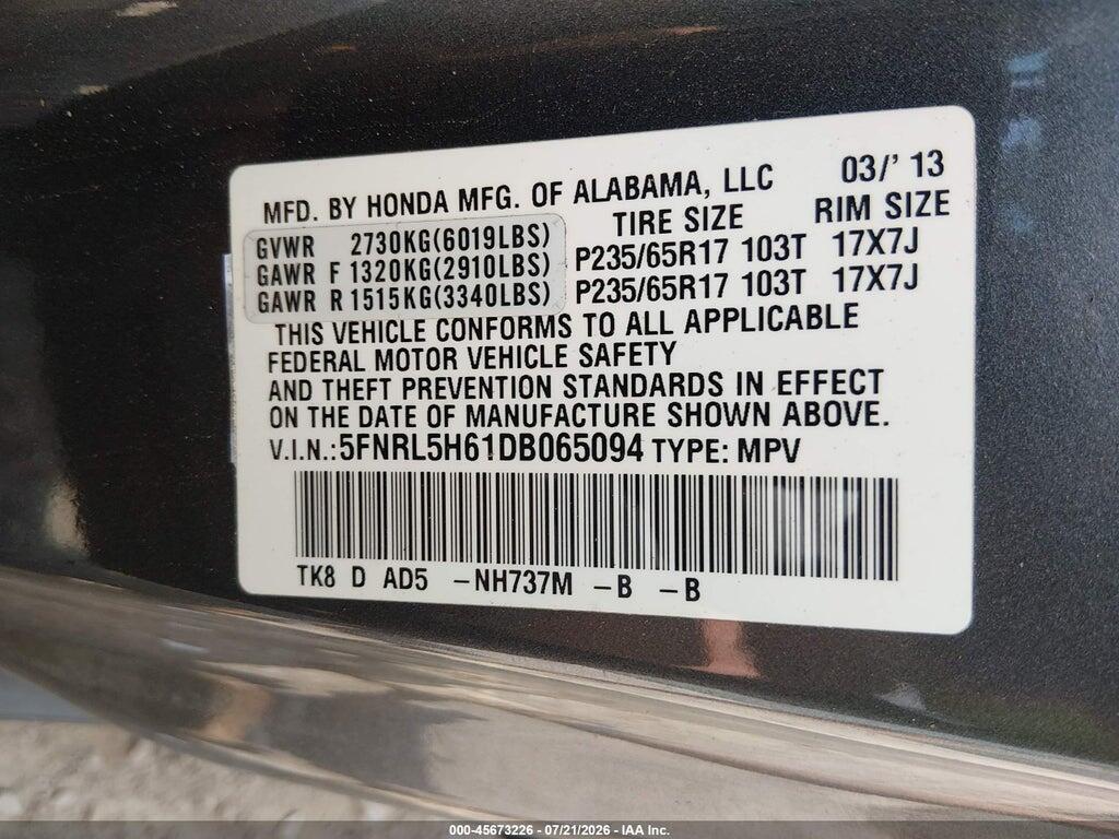 5FNRL5H61DB065094 2013 HONDA ODYSSEY photo no. 9