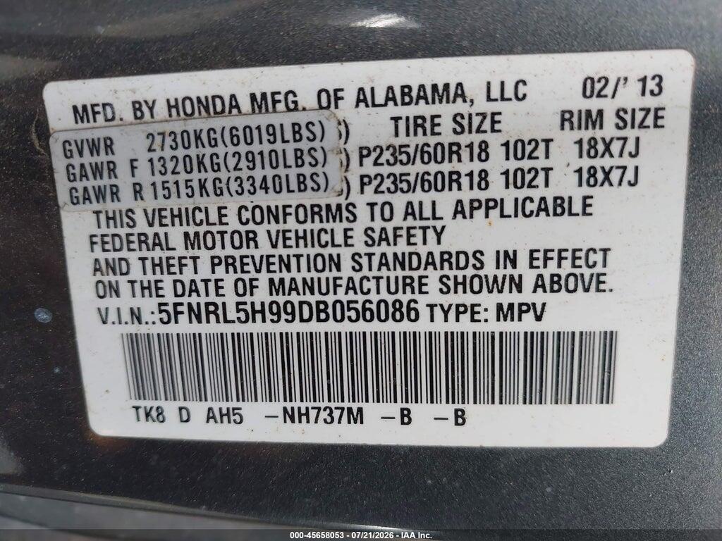 5FNRL5H99DB056086 2013 HONDA ODYSSEY photo no. 9