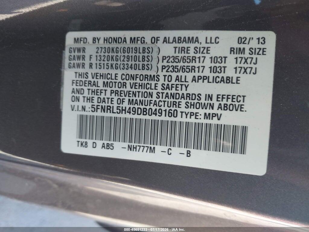 5FNRL5H49DB049160 2013 HONDA ODYSSEY photo no. 9