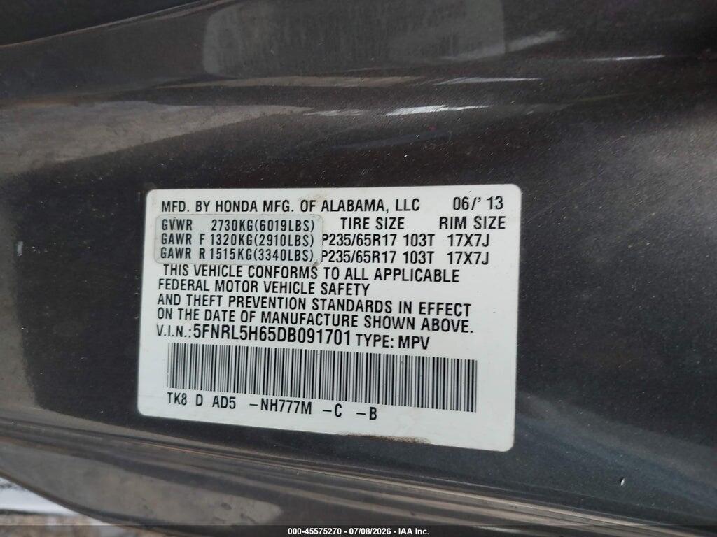 5FNRL5H65DB091701 2013 HONDA ODYSSEY photo no. 9