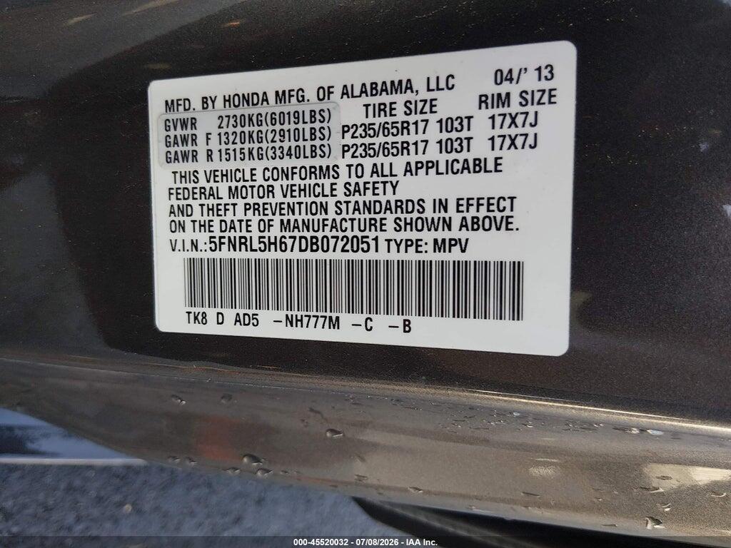 5FNRL5H67DB072051 2013 HONDA ODYSSEY photo no. 9