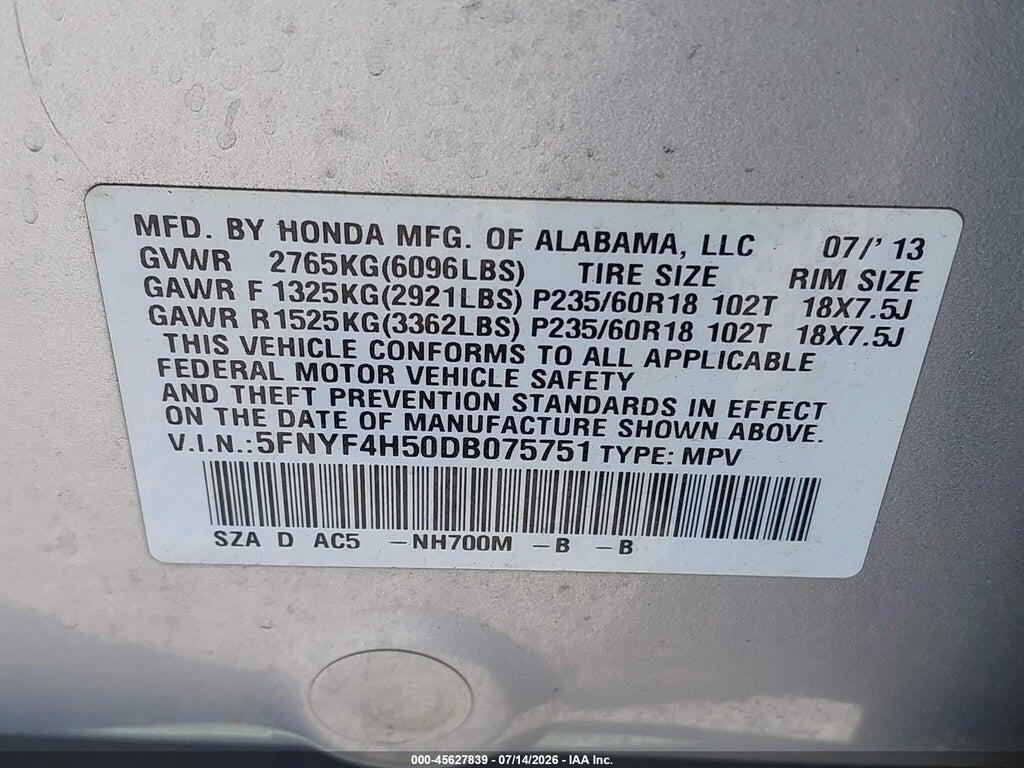 5FNYF4H50DB075751 2013 HONDA PILOT photo no. 9