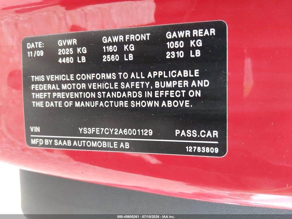 YS3FE7CY2A6001129 2010 SAAB 9-3 photo no. 9