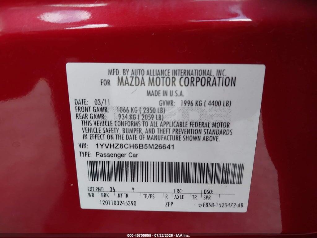 1YVHZ8CH6B5M26641 2011 MAZDA MAZDA6 photo no. 9