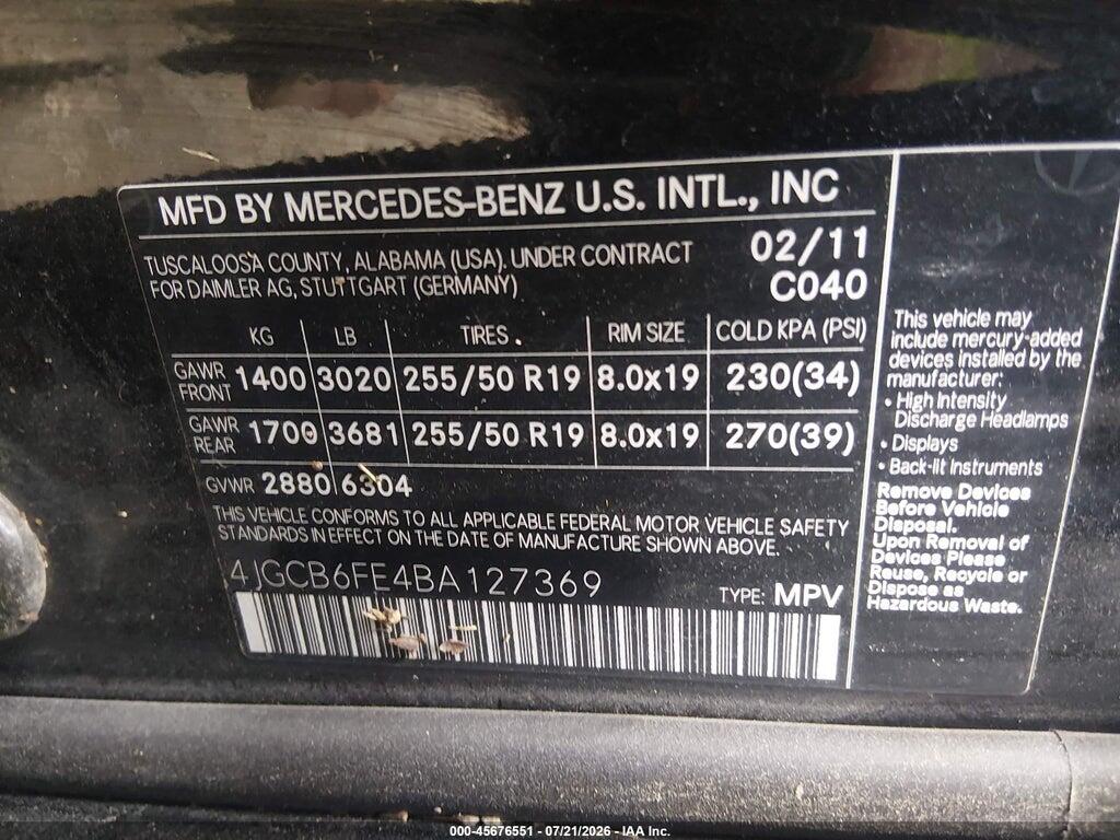 4JGCB6FE4BA127369 2011 MERCEDES-BENZ R 350 photo no. 9