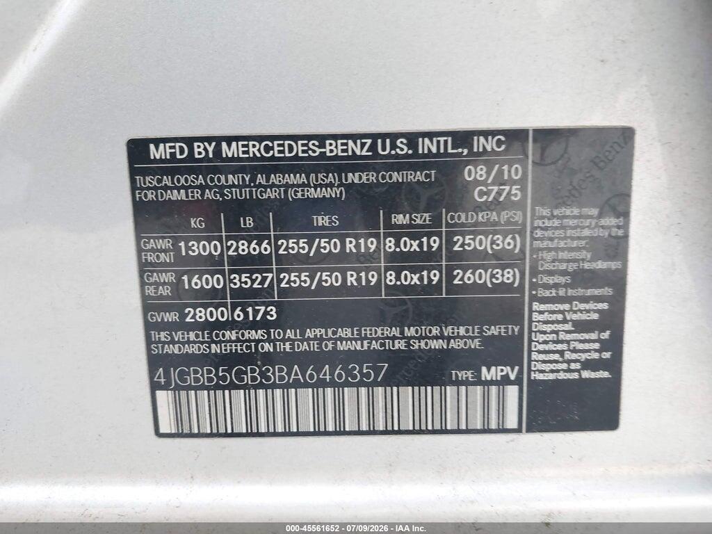 4JGBB5GB3BA646357 2011 MERCEDES-BENZ ML 350 photo no. 9