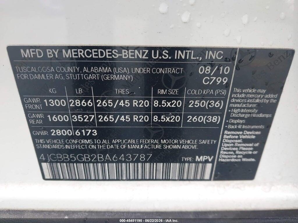 4JGBB5GB2BA643787 2011 MERCEDES-BENZ ML 350 photo no. 9