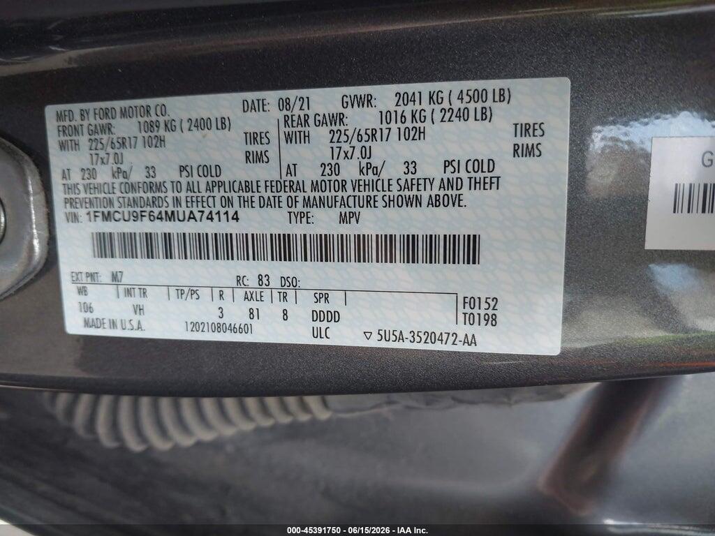 1FMCU9F64MUA74114 2021 FORD ESCAPE photo no. 9