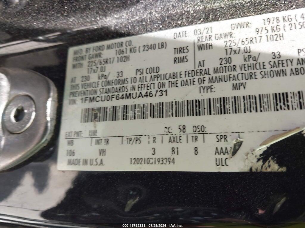 1FMCU0F64MUA46731 2021 FORD ESCAPE photo no. 9